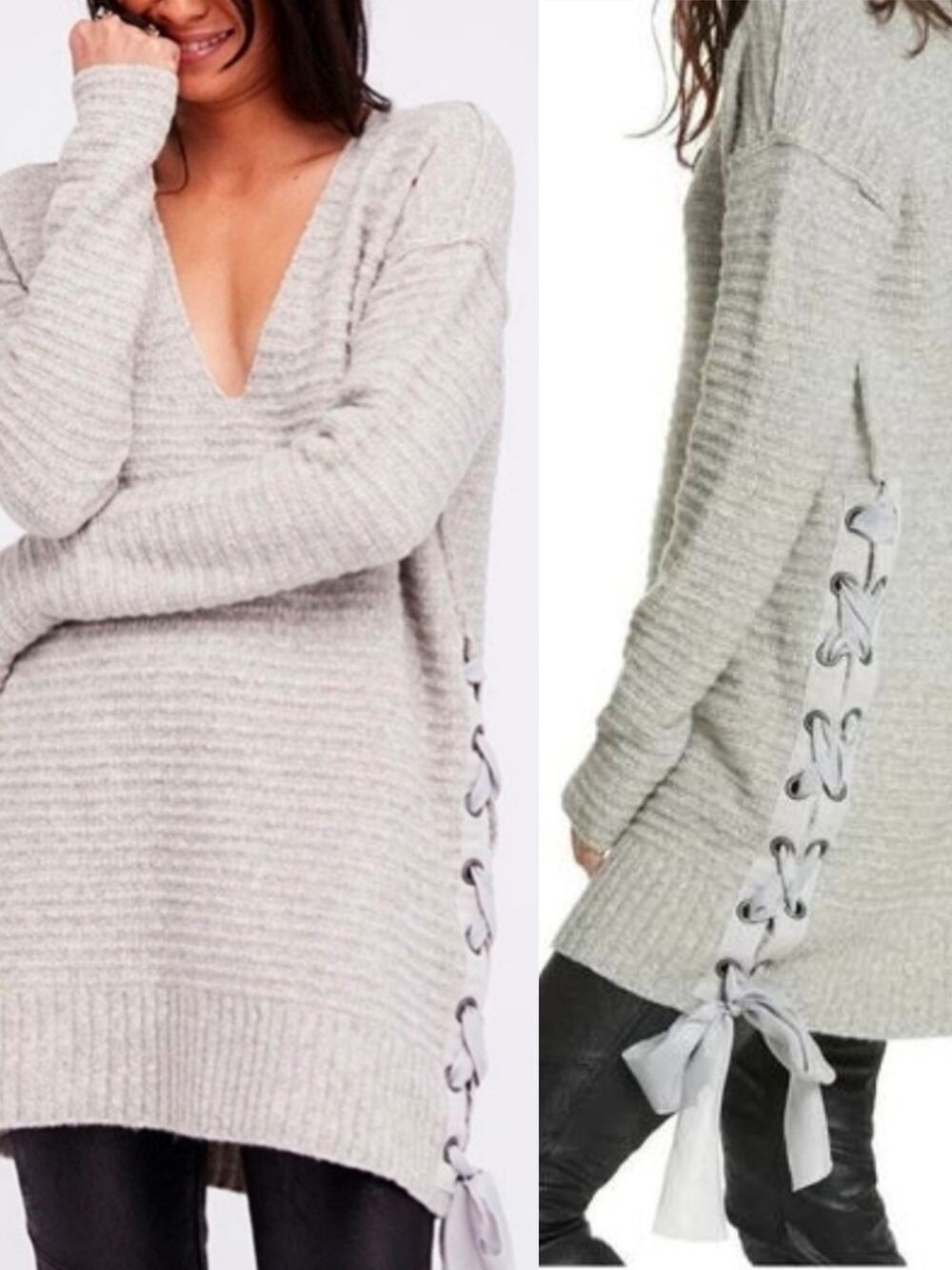 Free People Cozy Grey Small Lace Up Sweater